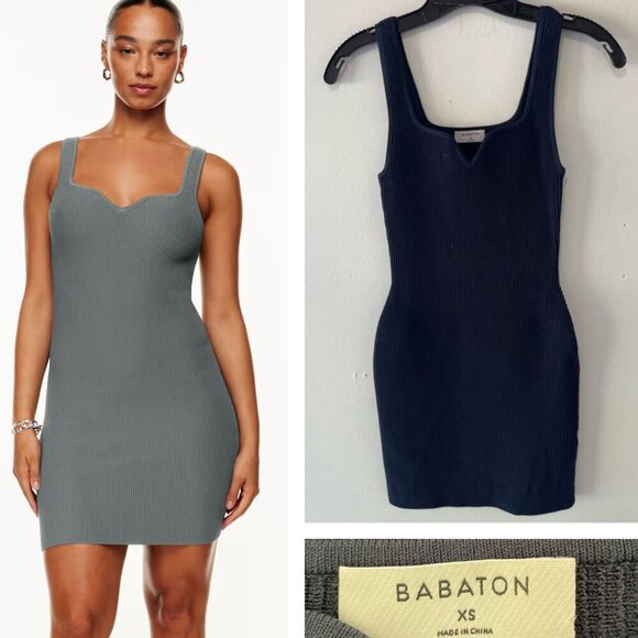 Babaton Blue Sculpt Rib Knit Notch Mini Dress 37604 - Picture 1 of 11